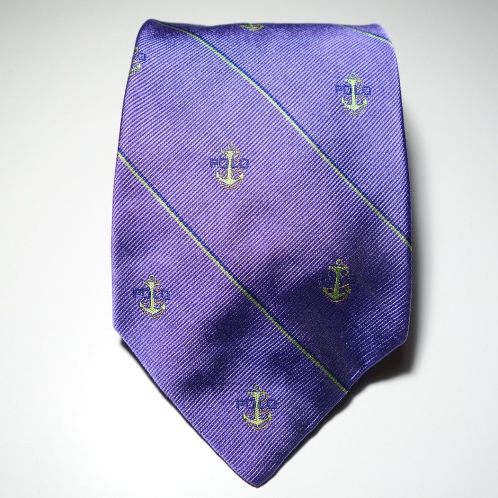 Vintage Ralph Lauren Purple & Green Stripe Nautical Anchor Tie, Made by Hand